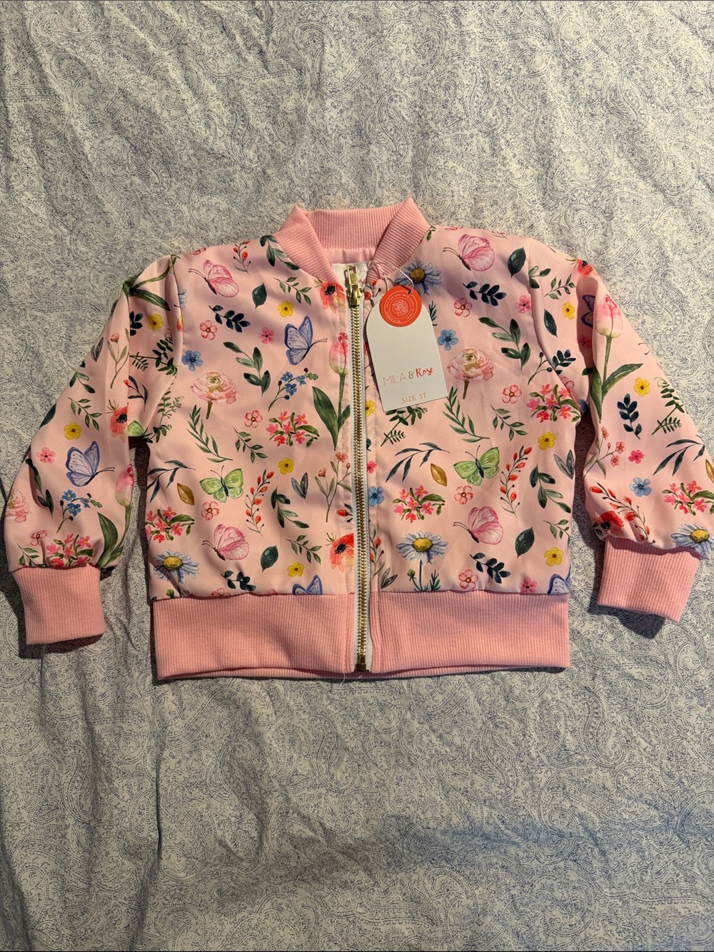 Mila & Rose Girls' Pink Floral Bomber Jacket with Rib Trim